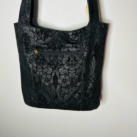 Genuine Leather Gold Zip Black Floral Design Crossbody Strap Bag - Picture 12 of 13